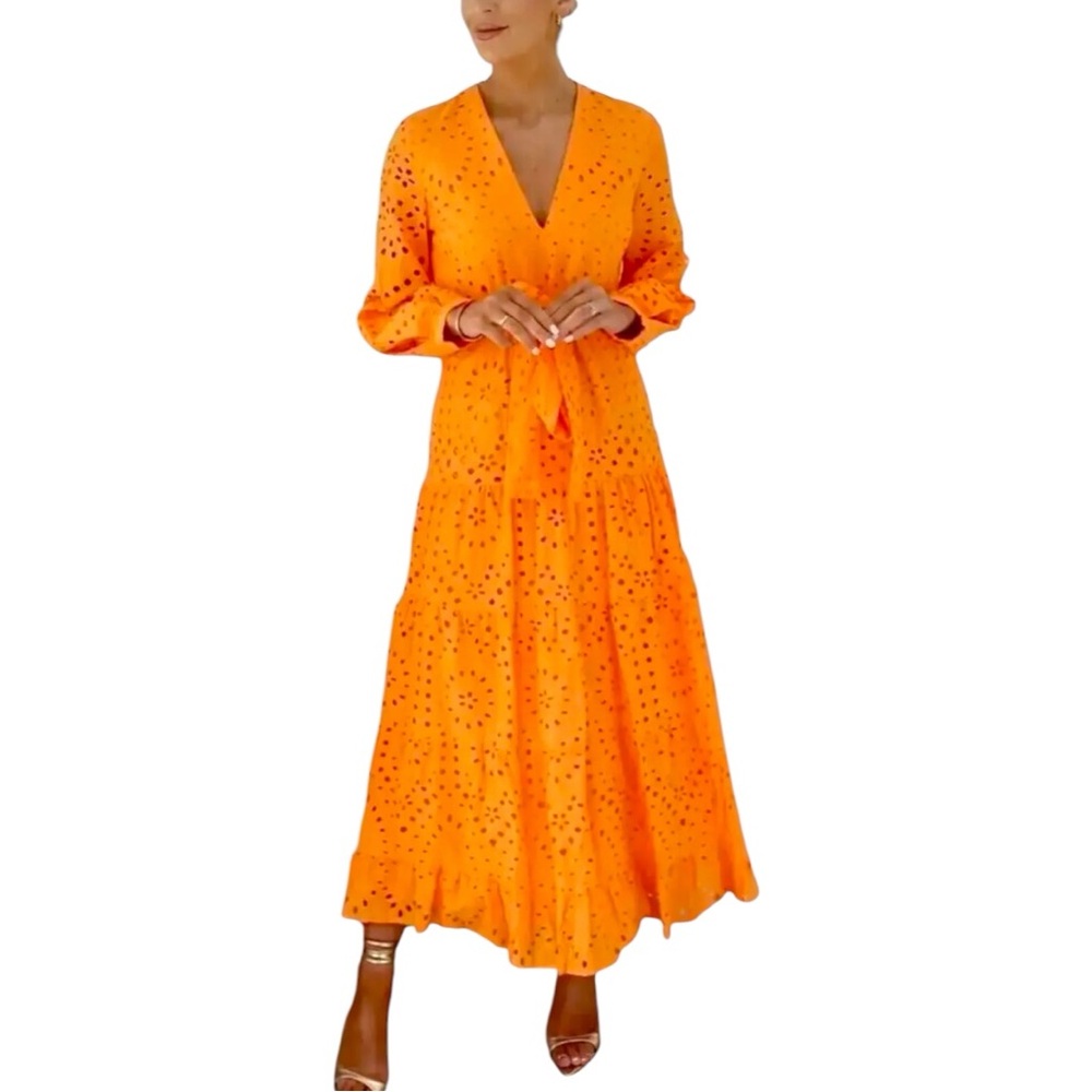 NEW ZARA Cutwork Embroidered Eyelet Belted Midi Dress Size M